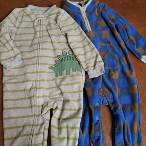 Carter's Fleece Footie Footed Pajama Pjs Sz 24M Months Dino Gray Green Set of 2